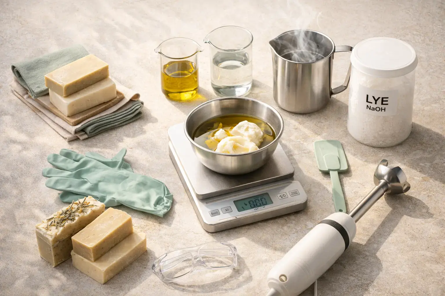 Soap making setup with oils, lye solution, and cured bars