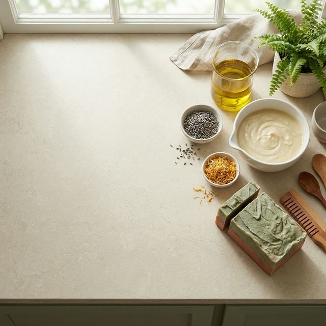 Artisanal soap making workspace with oils and botanicals